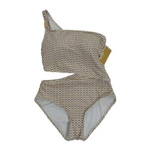 Michael Kors Chain Print One-Shoulder Cutout Swimsuit Size 10 Beige/White.